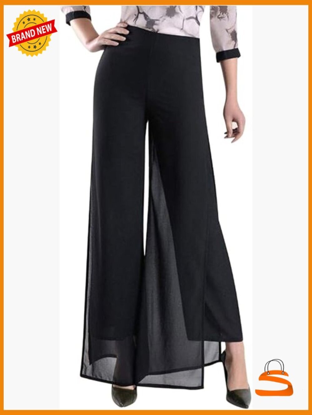 High Waist Chiffon Palazzo Pants Flare Elastic Waist Dressy Trousers